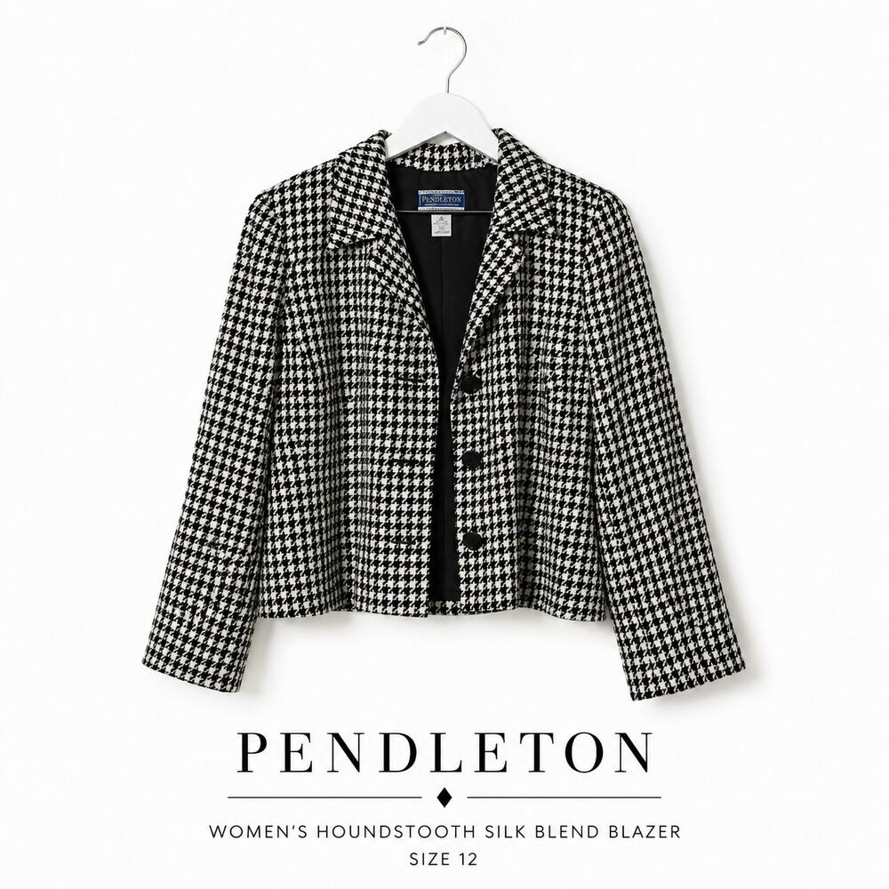 Pendleton Houndstooth Blazer Women's 12 Black White Silk Blend Lined Jacket